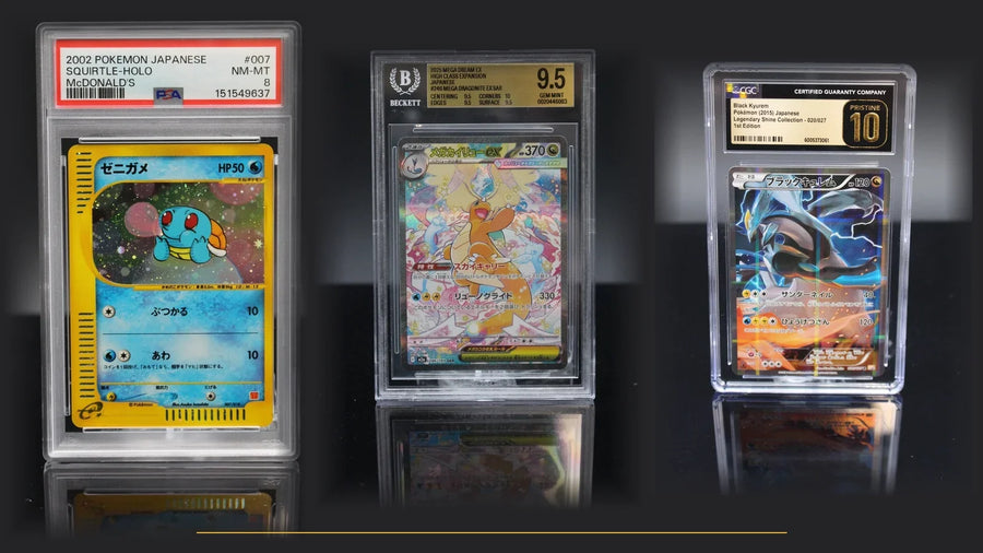 PSA 8, BGS 9.5 und CGC Pristine 10 Slabs nebeneinander, Foto KaraCardz