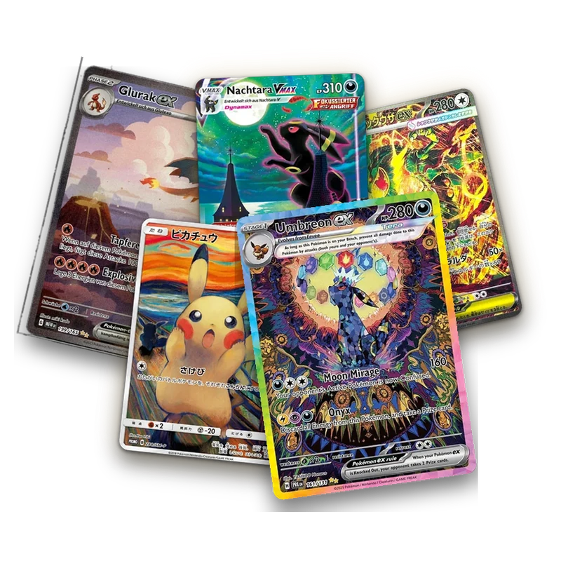 Mehrere Pokémon-Karten als Sammlung, darunter Glurak, Nachtara VMAX, Mega-Rayquaza ex und Pikachu
