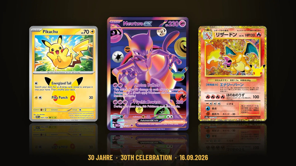 Pikachu, Mewtu-ex futuristisch und Glurak aus der Classic Collection aus dem Set 30 Jahre
