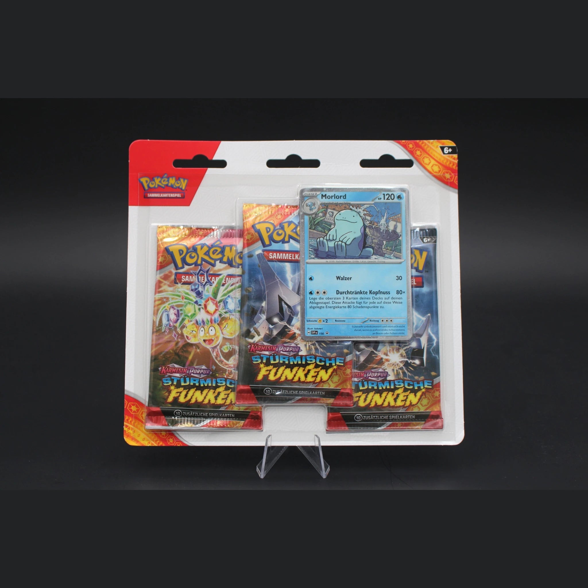 Pokémon Karmesin & Purpur Stürmische Funken 3-Pack Blister mit Morlord Promo · Deutsch · Originalverpackt - Bild 1